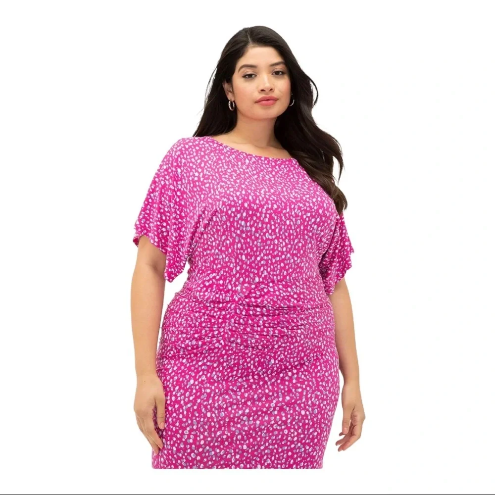Eloquii Plus Size 18/20 Dolman Sleeve Ruched Dress Asymmetrical Pink Party Dress - Picture 2 of 7
